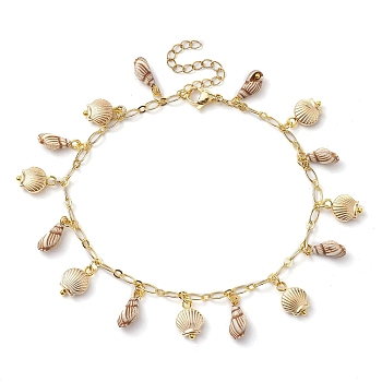 Acrylic Shell Shape Charm Anklets, with Brass Oval Link Chains, Golden, 9-1/4 inch(23.4cm)