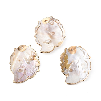 Electroplate Shell Pearl Big Pendants, Leaf Charms, Seashell Color, 64x51x2~6mm, Hole: 2.6mm