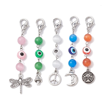 Cat Eye & Resin Evil Eye Round Pendant Decorations, with Alloy Lobster Claw Clasps, Mixed Shapes, Mixed Color, 68~76mm