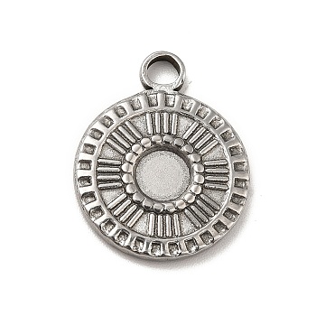 304 Stainless Steel Pendant Cabochon Settings, Flat Round with Flower, Stainless Steel Color, Tray: 5mm, 19x15.5x2mm, Hole: 2.5mm