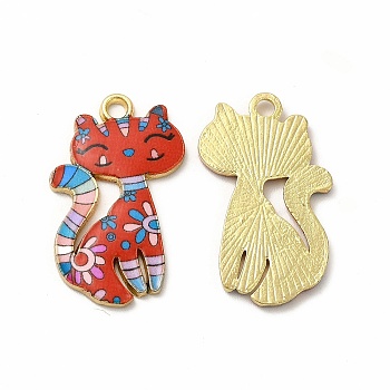 Printed Alloy Pendants, Lead Free & Cadmium Free & Nickel Free, Cat Charm, Golden, Red, 26x17x2mm, Hole: 2mm