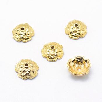 Brass Bead Caps, 5-Petal, Real 18K Gold Plated, Lead Free & Cadmium Free & Nickel Free, Flower, 9x3.5mm, Hole: 1mm
