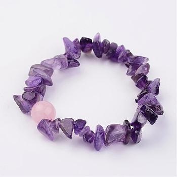 Natural Amethyst Stretch Bracelets, with Rose Quartz Round Bead, 1-7/8 inch(48mm)