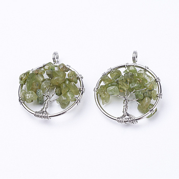 Natural Peridot Pendants, with Brass Findings, Flat Round with Tree of Life, Platinum, 29x5~7mm, Hole: 4.5mm