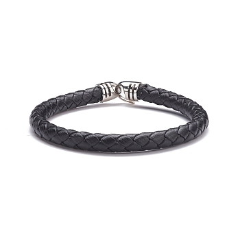 Braided Leather Cord Bracelet with Brass S-Hook Clasps for Men Women, Black, Inner Diameter: 2-1/4 inch(5.6cm)