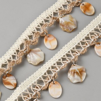Ethnic Style Cotton Fringe Lace Ribbon, Lace Trimming with Resin & Shell Tassel, Floral White, 1-1/2 inch(37mm), about 2.62~2.73 Yards(2.4~2.5m)/Skein