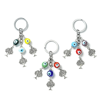 Alloy Tree of Life Pendant Keychain, with Handmade Evil Eye Lampwork Beads and Split Key Rings, Mixed Color, 10.5cm