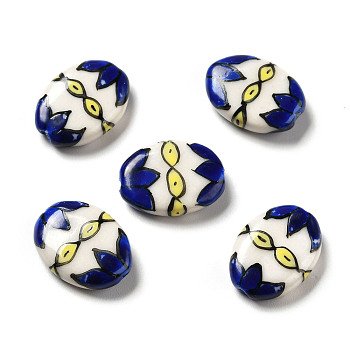 Handmade Printed Porcelain Beads, Oval with Flower Pattern, Blue, 18x14.5x5mm, Hole: 1.6mm
