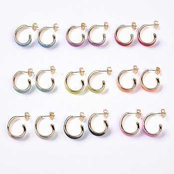 Brass Enamel Stud Earrings, Real 18K Gold Plated Half Ring Jewelry for Women, Mixed Color, 15x16x5.5mm, Pin: 1.2mm
