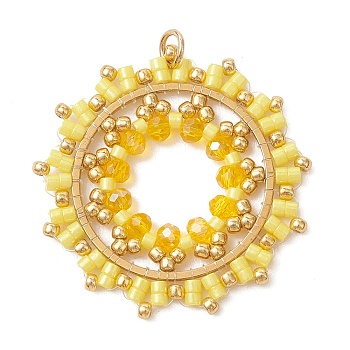 Seed Beads & Glass Beaded Pendants, Flower Charm, with 304 Stainless Steel Rings, Faceted, Yellow, 34~35x34~35x~3.53mm, Hole: 3.5mm