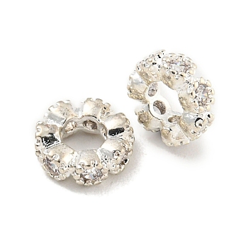 Brass Cubic Zirconia Spacer Beads, Long-Lasting Plated, Lead Free & Cadmium Free, Flat Round, Platinum, 6x2mm, Hole: 2.8mm