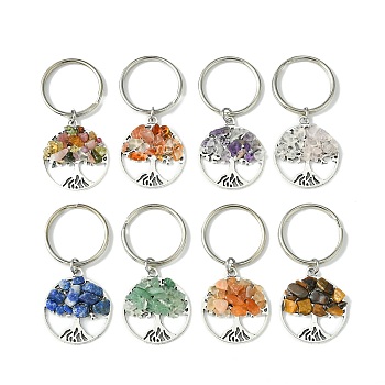 Tibetan Style Alloy & Natural Mixed Gemstone Chips Pendant Keychain, with Iron Split Rings, Flat Round with Tree of Life, Antique Silver & Platinum, 5.35cm, 8pcs/set
