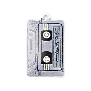 Printed Alloy Pendants, Cassette Tape, Platinum, Light Grey, 25.5x14.5x2.5mm, Hole: 1.6mm