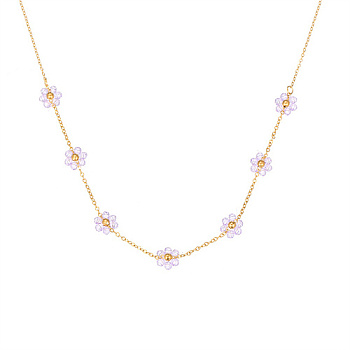 Real 18K Gold Plated Stainless Steel Flower Beaded Pendant Necklaces for Women, Lilac, 17.72 inch(45cm)