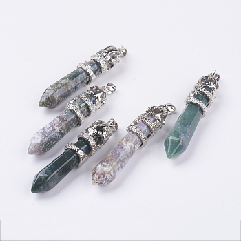 Natural Indian Agate Big Pointed Pendants, with Alloy Findings, Faceted, Bullet, Platinum, 59~63x11~12mm, Hole: 4x7mm