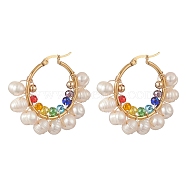 Glass & Natural Pearl Beaded Hoop Earrings, Light Gold 304 Stainless Steel Wire Wrap Jewelry for Women, Colorful, 39.5x41.5x7.5~8mm, Pin: 0.7mm(EJEW-JE05234)