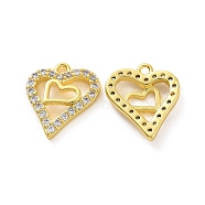 Brass Micro Pave Clear Cubic Zirconia Charms, Heart, Real 18K Gold Plated, 15x13x3mm, Hole: 1.4mm(KK-E068-VF188)