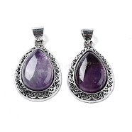 Natural Amethyst Teardrop Pendants, Antique Silver Tone Alloy Drop Charms, 39.5x27x9.5mm, Hole: 6x7mm(G-A093-03AS-01)