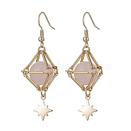 Natural Rose Quartz Dangle Earrings, Golden 304 Stainless Steel Star Long Drop Earrings, 56x18.5mm(EJEW-JE05499-02)