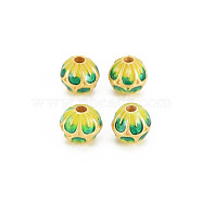 Rack Plating Alloy Enamel Beads, Long-Lasting Plated, Matte Style, Cadmium Free & Nickel Free & Lead Free, Round with Flower, Green, 7.5x7mm, Hole: 1.6mm(ENAM-S130-13B)