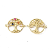 Brass Micro Pave Cubic Zirconia Connector Charms, Flat Round with Tree of Life Links, Real 18K Gold Plated, Colorful, 19.5x25.5x3mm, Hole: 1.2mm(KK-E068-VC071)
