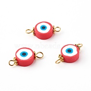 Flat Round with Evil Eye Polymer Clay Links Connectors, with 304 Stainless Steel Eye Pins, Alloy Daisy Spacer Beads, Golden, Red, 9~9.5x19~19.5x4.5~5mm, Hole: 2~2.5mm(PALLOY-JF00718)