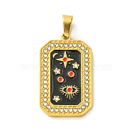 Ion Plating(IP) 304 Stainless Steel Pendants, with Enamel and Rhinestone, Rectangle with Tarot Charm, Real 18K Gold Plated, Black, 32x19.5x2mm, Hole: 6.5x4mm(STAS-C101-08G-01)