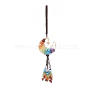Wire Wrapped Chips Natural Gemstone Big Pendant Decorations, with Red Copper Plated Brass Wires and Nylon Cord, Moon with Star, Moon, 191mm(HJEW-JM00831-01)
