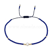 Glass Imitation Pearl & Seed Braided Bead Bracelets, Adjustable Bracelet, Dark Blue, 11 inch(28cm)(WO2637-18)