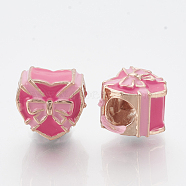 Alloy European Beads, with Enamel, Large Hole Beads, Heart with Bowknot, Deep Pink, Rose Gold, 10.5x12x11mm, Hole: 5mm(X-MPDL-Q209-024RG)