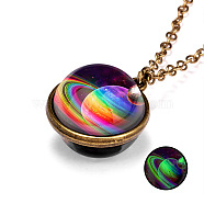 Luminous Glass Planet Pendant Necklace with Antique Golden Alloy Chains, Colorful, 19.69 inch(50cm)(PW-WG67491-06)