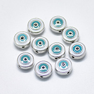 Alloy Enamel Beads, Flat Round with Eye, Platinum, Dark Cyan, 10x5mm, Hole: 1.2mm(ENAM-S117-07B)