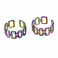 Open Rectangle Cuff Rings, Hollow Wide Open Rings, Rainbow Color 304 Stainless Steel Rings for Women, US Size 8 1/2(18.5mm)(RJEW-N038-014)