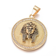 Ion Plating(IP) 304 Stainless Steel Enamel Pendants, with Rhinestone, Flat Round with Egyptian Pharaoh, Golden & Antique Golden, Crystal, 48x44x3mm, Hole: 8x11mm(STAS-E476-10AGG)