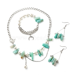 Natural Amazonite & Shell Pearl Beads Jewelry Set for Girl Women, Beaded Necklace & Bracelet & Triangle Dangle Earrings Jewelry Set with Curb Chain, Stainless Steel Color, 17.68 inch(44.9cm), 7.48 inch(190mm), 2.64 inch(67mm), Pin: 0.7mm, 3pcs/set(SJEW-TA00002)