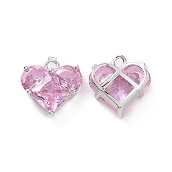 Brass Glass Heart Charms, Faceted, Pink, Platinum, 14x13.5x5mm, Hole: 1.8mm(KK-E068-VC106)