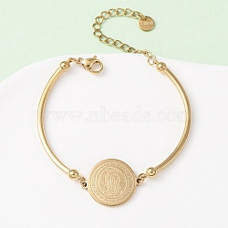 Religion 304 Stainless Steel Link Bracelets for Women, Flat Round with Virgin Mary, Golden, 5-1/8 inch(13cm)(BJEW-F524-02B-G)