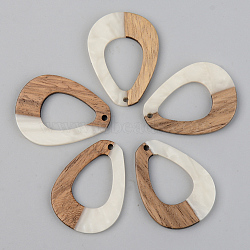 Opaque Resin & Walnut Wood Pendants, Teardrop, Floral White, 37.5x28x2.5mm, Hole: 2mm(X-RESI-S389-026A-C04)
