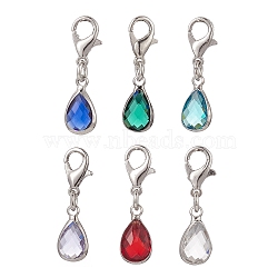 Teardrop Glass Pendant Decoration, Alloy Lobster Clasp Charms, for Keychain, Purse, Backpack Ornament, Mixed Color, 26mm, 6pcs/set(HJEW-JM00840)