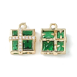 Brass Pave Cubic Zirconia Pendants, Light Gold, Gift Box Charm, Green, 15x12.5x5mm, Hole: 1.6mm(KK-G462-44KCG-03)