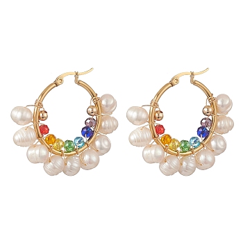 Glass & Natural Pearl Beaded Hoop Earrings, Light Gold 304 Stainless Steel Wire Wrap Jewelry for Women, Colorful, 39.5x41.5x7.5~8mm, Pin: 0.7mm