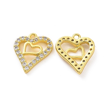 Brass Micro Pave Clear Cubic Zirconia Charms, Heart, Real 18K Gold Plated, 15x13x3mm, Hole: 1.4mm