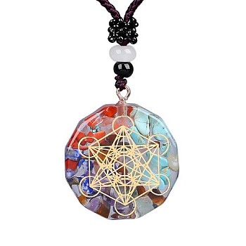 Orgonite Chakra Natural & Synthetic Mixed Stone Pendant Necklaces, Nylon Thread Necklace for Women, Flat Round, Hexagon, 25.59 inch(65cm)