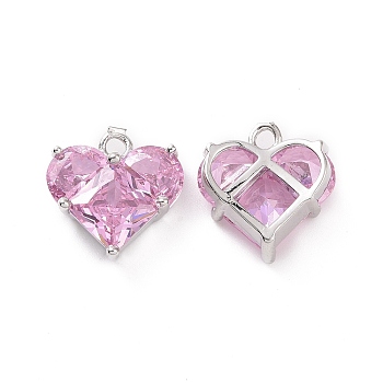 Brass Glass Heart Charms, Faceted, Pink, Platinum, 14x13.5x5mm, Hole: 1.8mm