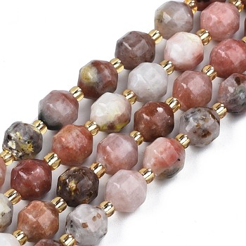 Natural Plum Blossom Jasper Beads Strands, with Seed Beads, Faceted Bicone Barrel Drum, 7~8x7~8mm, Hole: 1mm, about 35~38pcs/strand, 13.82 inch~14.84 inch(35.1~37.7cm)