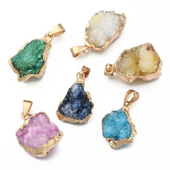 Natural Druzy Agate Pendants, Druzy Trimmed Stone, Dyed, Nuggets, Mixed Color, 23~40x13~30x7~20mm, Hole: 3x6mm