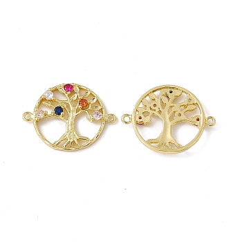 Brass Micro Pave Cubic Zirconia Connector Charms, Flat Round with Tree of Life Links, Real 18K Gold Plated, Colorful, 19.5x25.5x3mm, Hole: 1.2mm