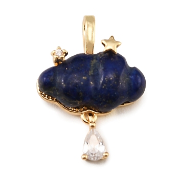 Dyed Natural Lapis Lazuli Carved Pendants, Cloud Charms, with Brass Micro Pave Cubic Zirconia Findings, Golden, 27~28x19~19.5x8mm, Hole: 4.5x3mm