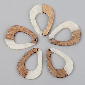 Opaque Resin & Walnut Wood Pendants, Teardrop, Floral White, 37.5x28x2.5mm, Hole: 2mm