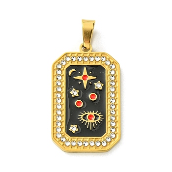 Ion Plating(IP) 304 Stainless Steel Pendants, with Enamel and Rhinestone, Rectangle with Tarot Charm, Real 18K Gold Plated, Black, 32x19.5x2mm, Hole: 6.5x4mm